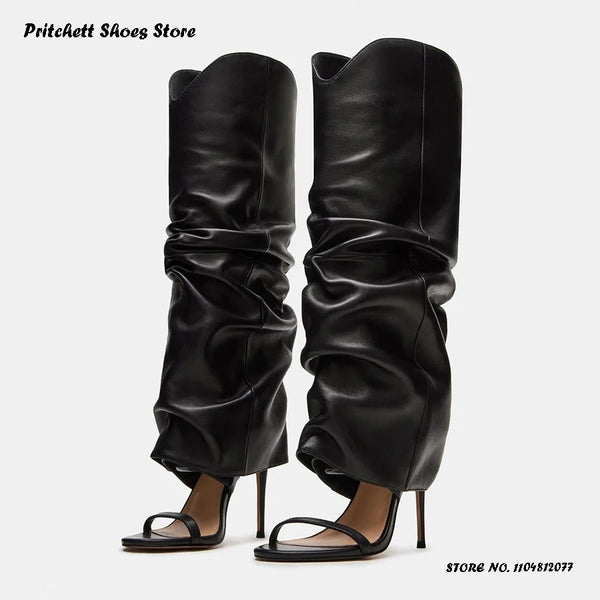 Trendy Pleated Stiletto Open Toe High Heel Boots