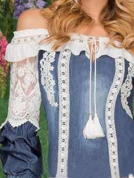 Trendy Lace Patchwork Denim Long Sleeve Blouse