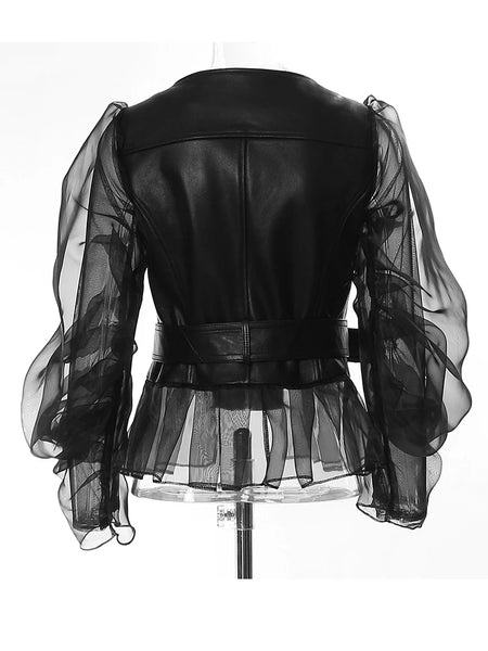 Trendy Black Leather Mesh Jacket With Belt - TrendsetterbyTracy Boutique
