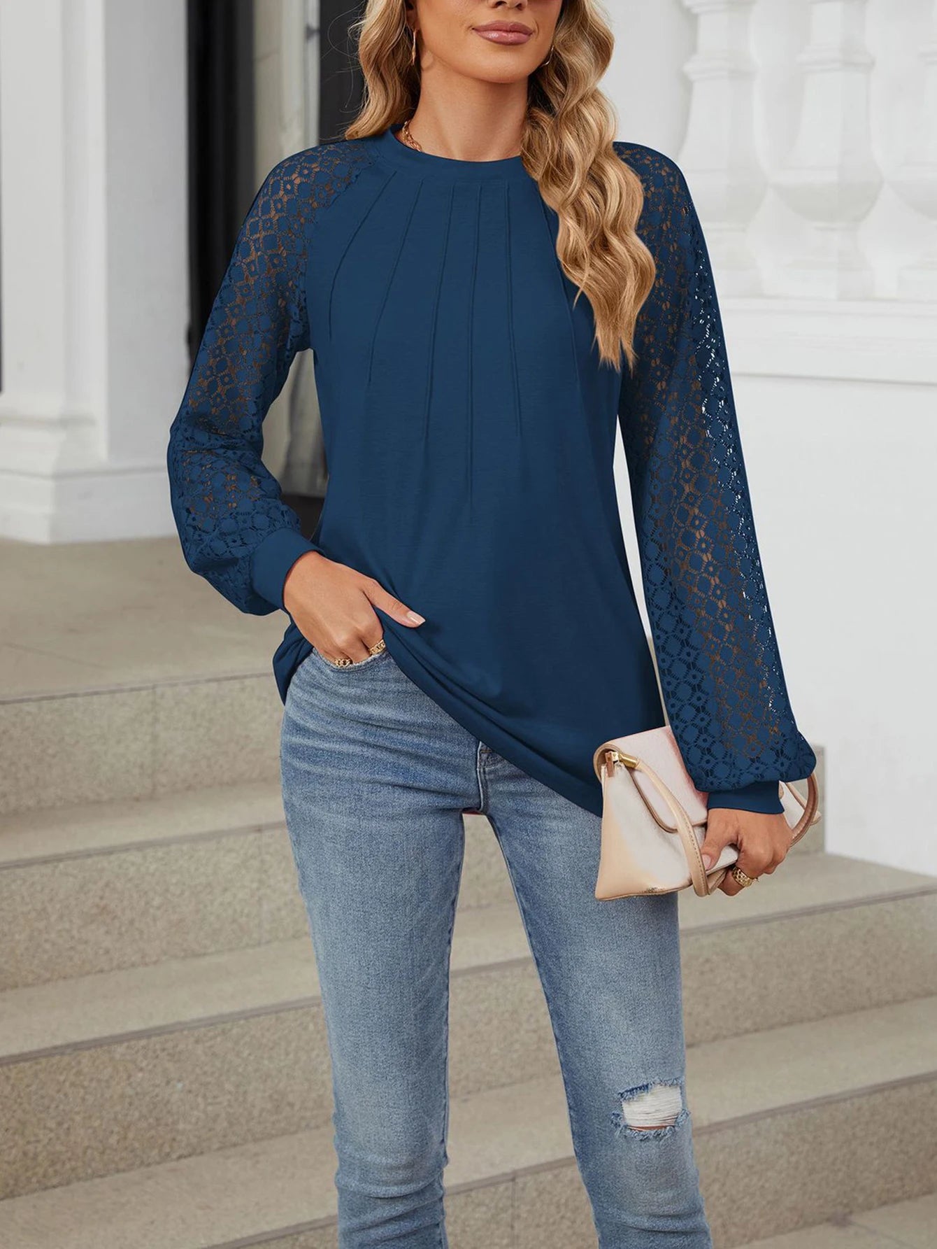 Trendy Lace Indigo Lantern Sleeve Blouse
