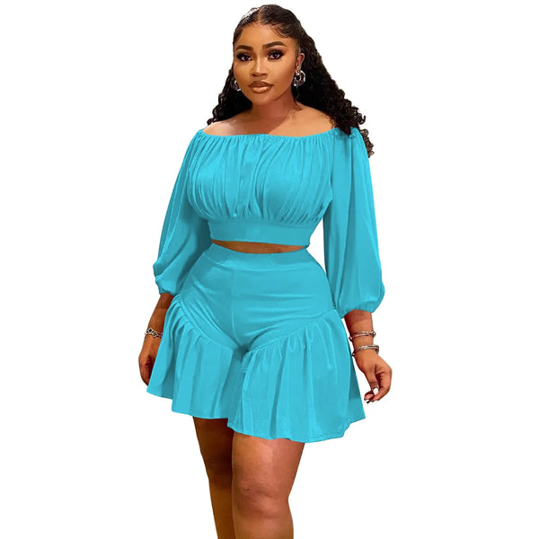 Trendy Plus Size Ruffle Low Cut Crop Top And Bottom Set