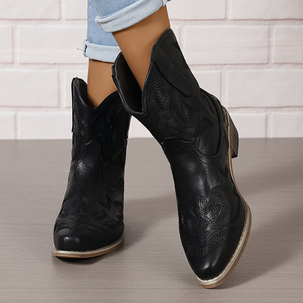 Trendy Cowgirl Floral Mid Heel Boots
