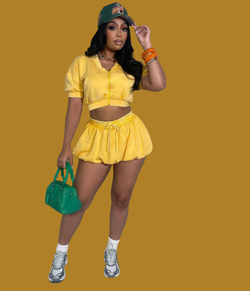 Trendy Short Crop Top Jacket With Lantern Mini Skirt