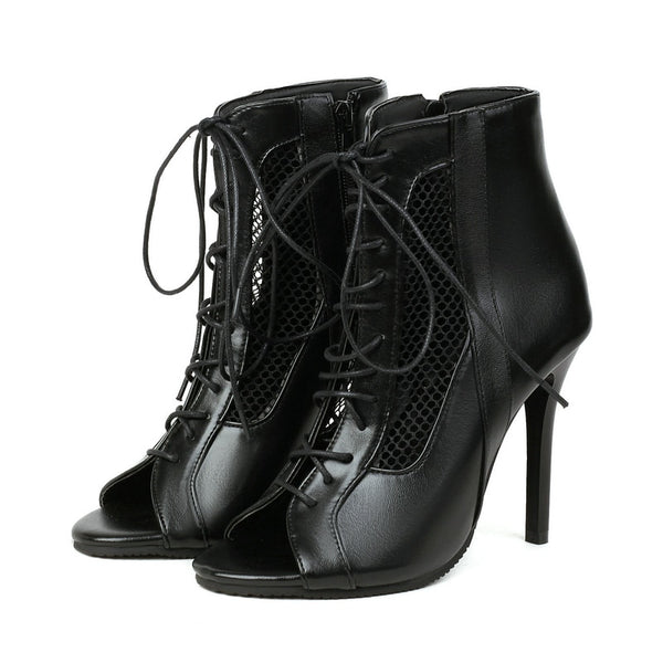 Trendy Lace Up High Heels With Open Toe Zipper - TrendsetterbyTracy Boutique