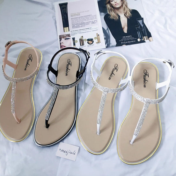 Trendy Rhinestone Flat Beach Sandals                                                                   Flat San - TrendsetterbyTracy Boutique