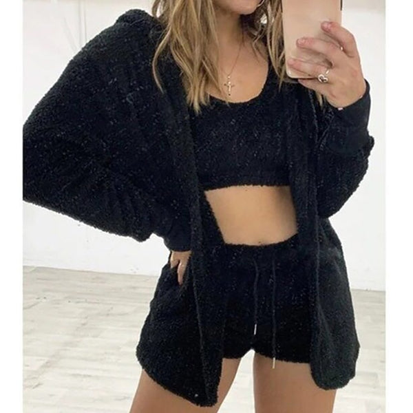 Trendy Plush Velvet Crop Top And Cardigan Set - TrendsetterbyTracy Boutique