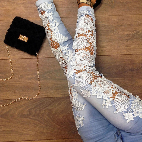 Trendy Stretch Lace Floaral Denim Jeggings - TrendsetterbyTracy Boutique