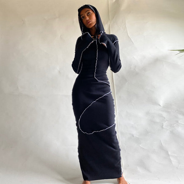 Trendy Long Sleeve Hooded Patchwork Maxi Dress - TrendsetterbyTracy Boutique