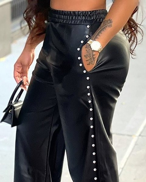 Trendy Beaded Leather Wide Leg Pants - TrendsetterbyTracy Boutique