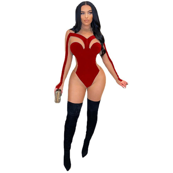 Trendy Velvet Nude Mesh Jumpsuit - TrendsetterbyTracy Boutique