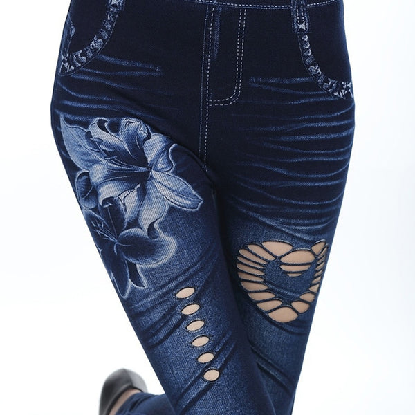 Trendy Heart Knitted Floral High Waist Denim Jeggings - TrendsetterbyTracy Boutique