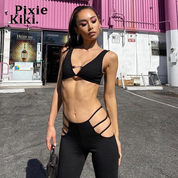 Trendy Cutout Flare Crop Top And Pants Set - TrendsetterbyTracy Boutique
