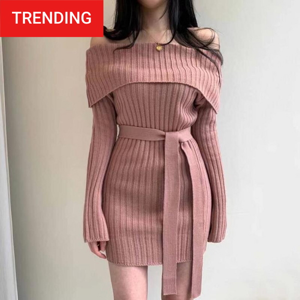Trendy Long Sleeve Knitted Folded Down Collar Sweater Dress With Belt - TrendsetterbyTracy Boutique