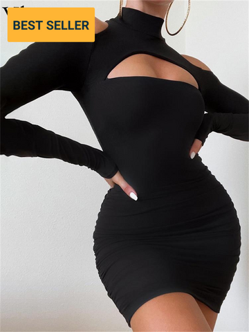 Trendy Hallow Out Wrap Mini Black Turtleneck Dress - TrendsetterbyTracy Boutique