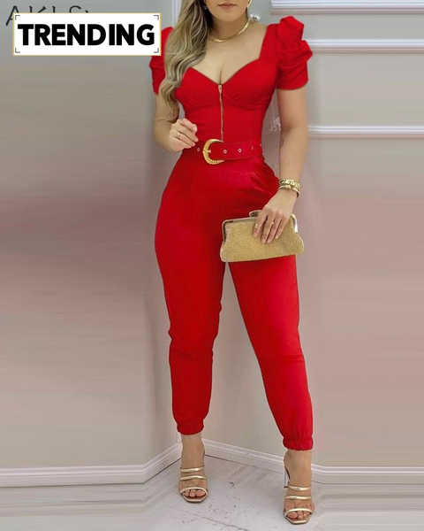 Trendy Puffed Sleeve Jumpsuit With Belt - TrendsetterbyTracy Boutique