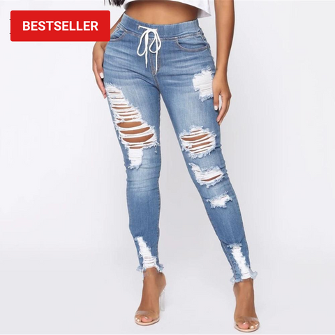 Trendy Elastic Waist Ripped Retro Denim Jeans