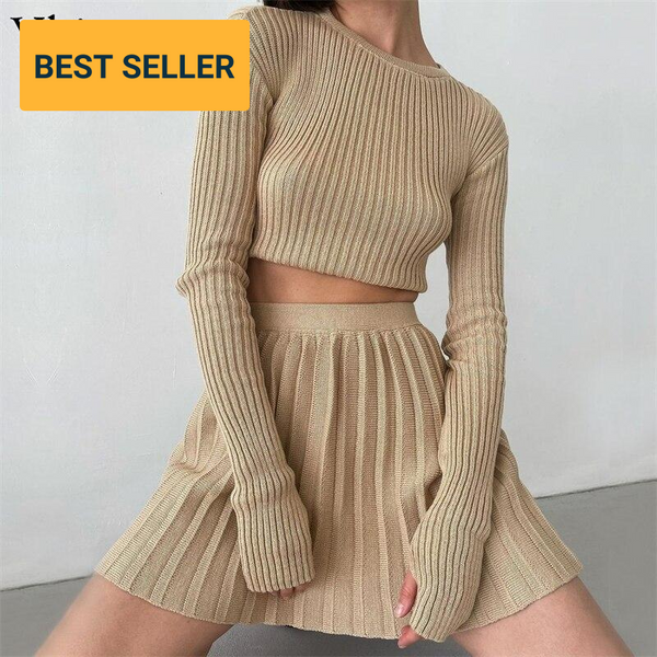 Trendy Winter Knitted Pleated Crop Top And Skirt Set - TrendsetterbyTracy Boutique