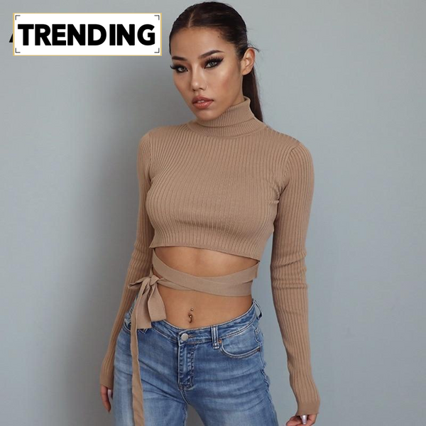 Trendy Turtleneck Bandage Long Sleeve Shirt - TrendsetterbyTracy Boutique