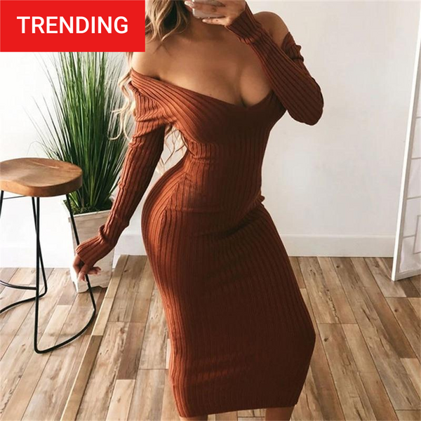 Trendy Long Sleeve  Solid Color Low Cut Long Knitted Dress - TrendsetterbyTracy Boutique