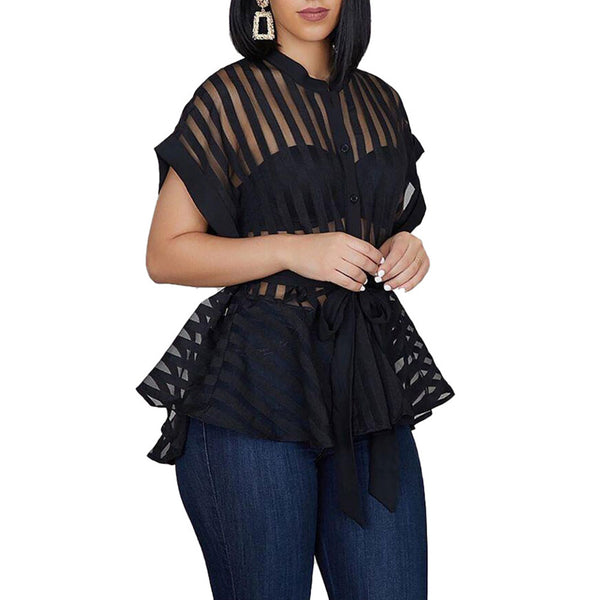 Trendy Flared Striped Short Sleeve Blouse With Waist - TrendsetterbyTracy Boutique