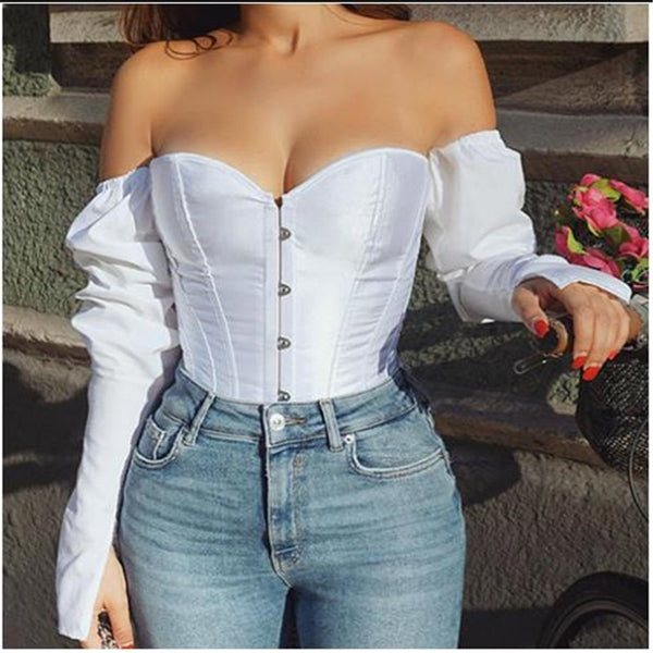 Trendy Off Shoulder Blouse Lady Girls Fashion Back Bandage Slim Bustier Female Leotard Corset Ladies' Solid Tops Wear - TrendsetterbyTracy Boutique