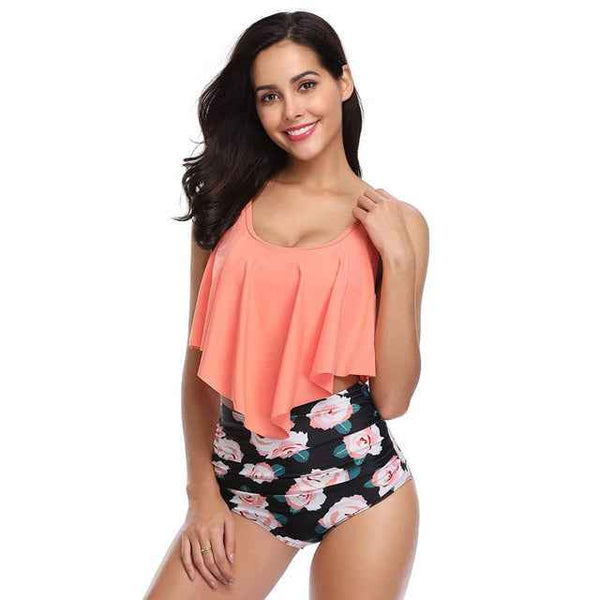 Trendy Ruffle  High Waist Bikini Swimwear With Push Up Bra