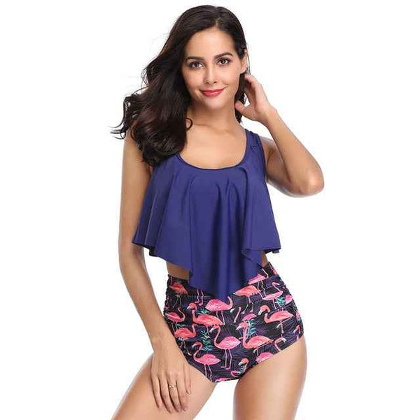 Trendy Ruffle  High Waist Bikini Swimwear With Push Up Bra