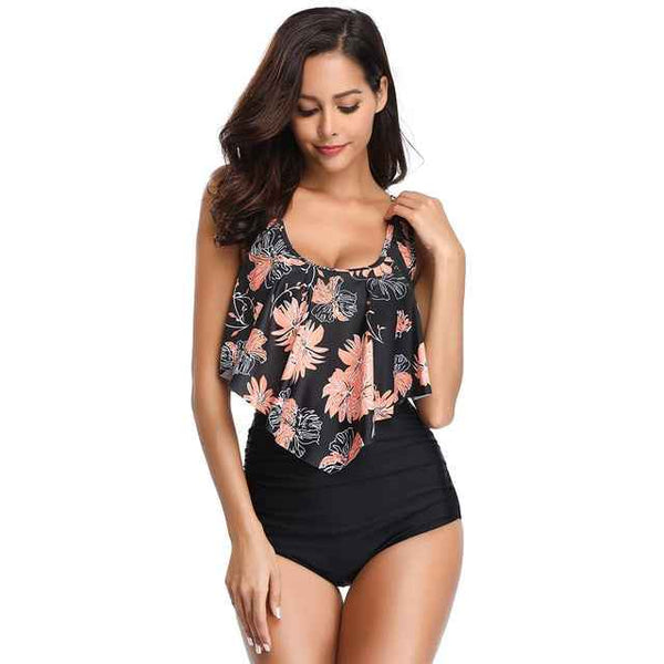 Trendy Ruffle  High Waist Bikini Swimwear With Push Up Bra