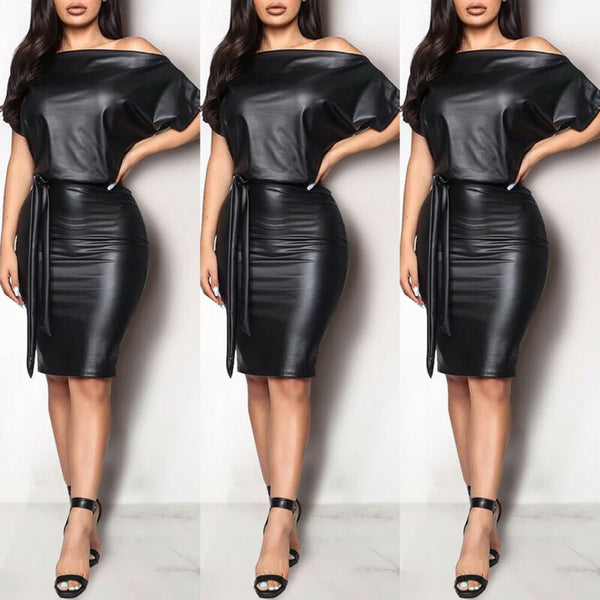 Trendy Fashion Leather Off The Shoulder Black Dress - TrendsetterbyTracy Boutique