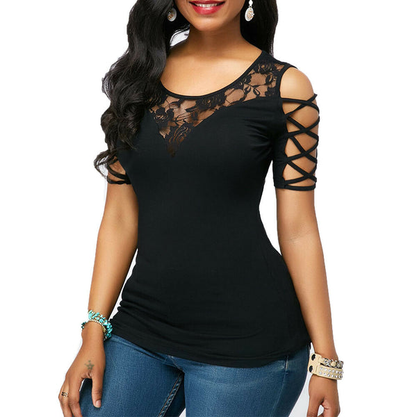 Trendy Lace Floral Bandage Sleeve Shirt - TrendsetterbyTracy Boutique