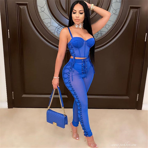 Trendy Bandage Mesh Sheer Crop Top and Pants Set - TrendsetterbyTracy Boutique