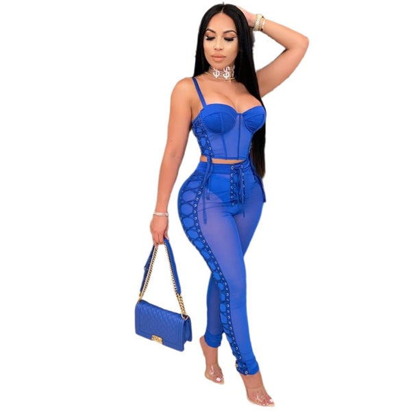 Trendy Bandage Mesh Sheer Crop Top and Pants Set - TrendsetterbyTracy Boutique