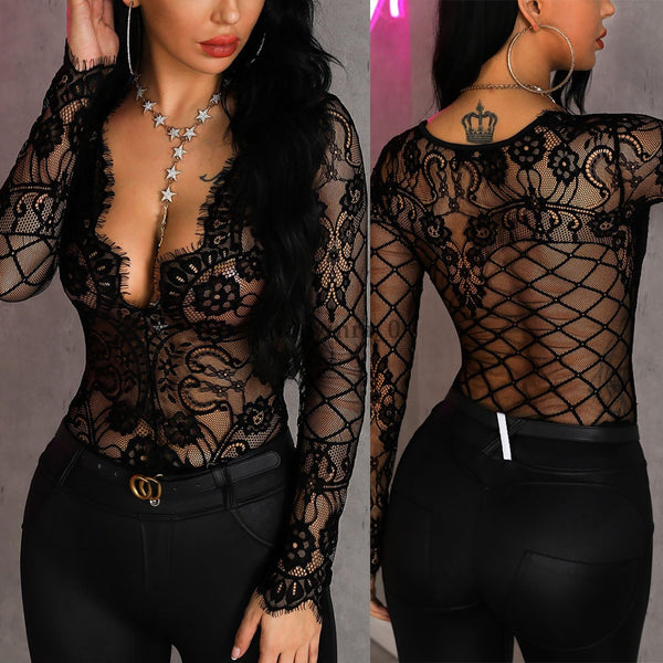 Trendy Hollow Out Lace Leotard Long Sleeve Jumpsuit - TrendsetterbyTracy Boutique