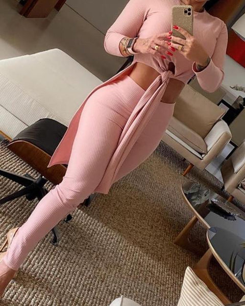 Trendy Solid Knotted Top & High Waist Pants Set - TrendsetterbyTracy Boutique
