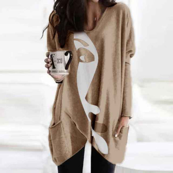 Trendy Cozy Abstract Face Print Shirt With Long Sleeves and Pockets