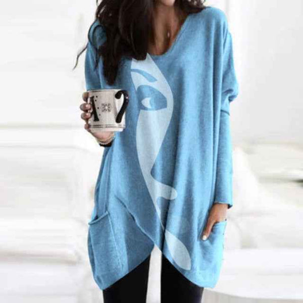Trendy Cozy Abstract Face Print Shirt With Long Sleeves and Pockets