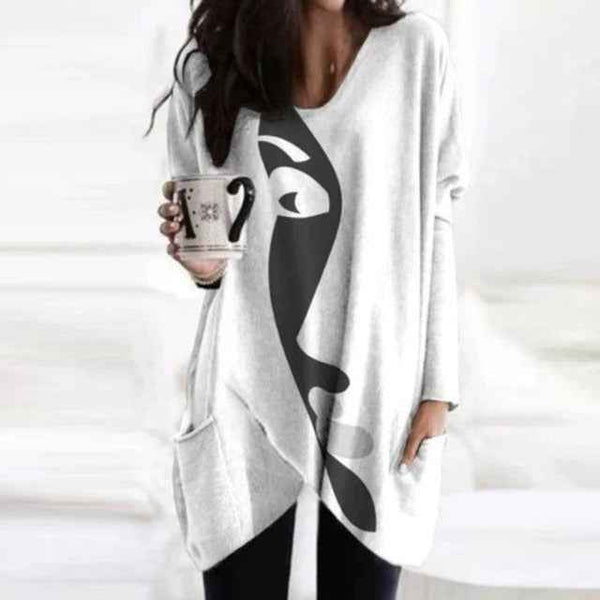 Trendy Cozy Abstract Face Print Shirt With Long Sleeves and Pockets