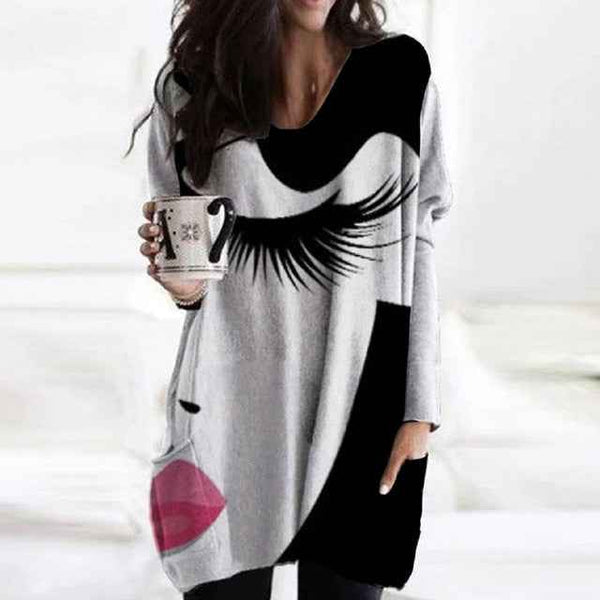 Trendy Cozy Abstract Face Print Shirt With Long Sleeves and Pockets