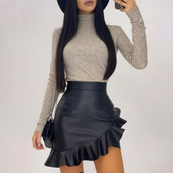 Trendy Leather Ruffle Asymmetric Women Mini High Waist Skirt - TrendsetterbyTracy Boutique