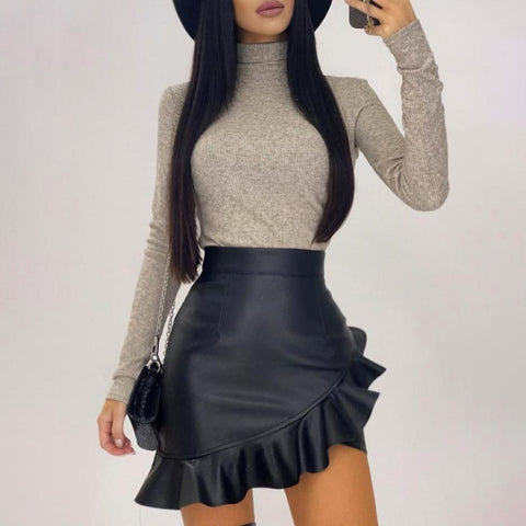 Trendy Leather Ruffle Asymmetric Women Mini High Waist Skirt - TrendsetterbyTracy Boutique