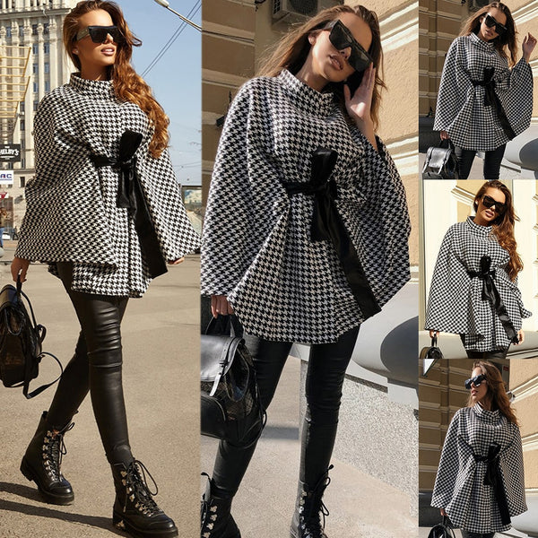 Trendy One Size Plaid Turtleneck Asymmetric Lace-Up Poncho - TrendsetterbyTracy Boutique