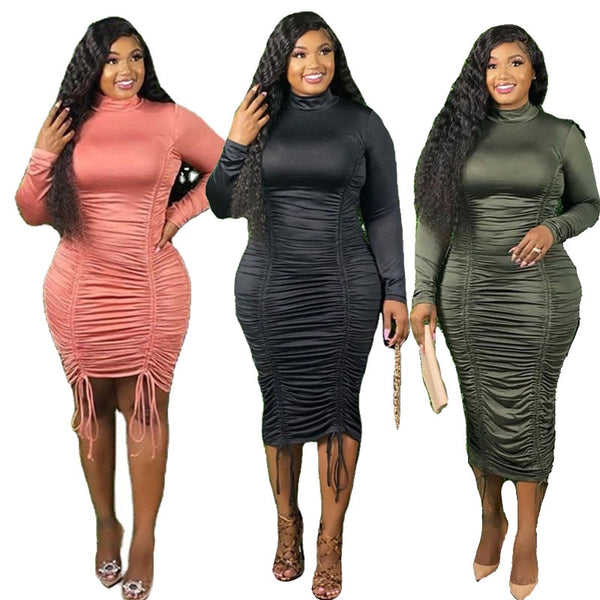 Trendy Fall Long Sleeve Elegant Turtleneck High Waist Draped Satin Dress - TrendsetterbyTracy Boutique