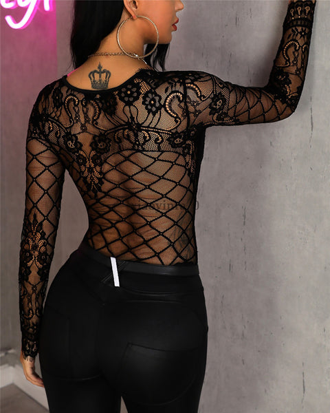 Trendy Hollow Out Lace Leotard Long Sleeve Jumpsuit - TrendsetterbyTracy Boutique