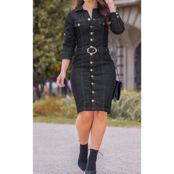 Trendy Denim Button Belt Dress - TrendsetterbyTracy Boutique