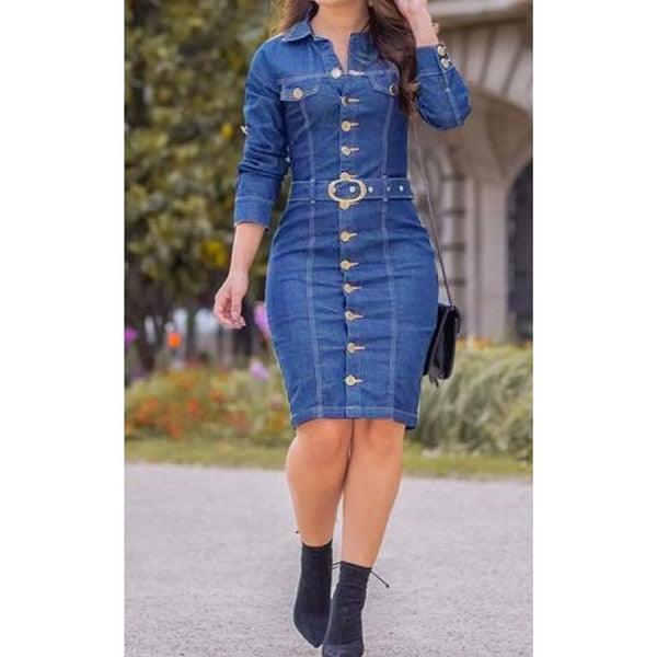 Trendy Denim Button Belt Dress - TrendsetterbyTracy Boutique