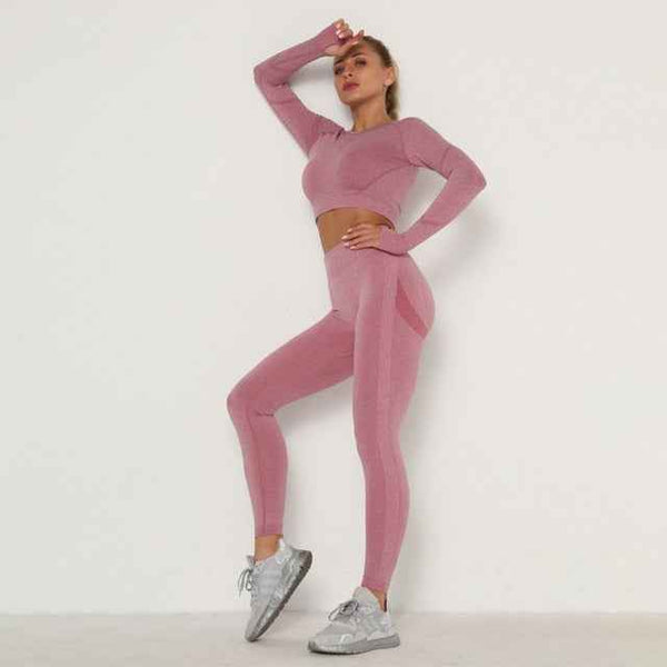 Trendy Workout Seamless Sports Set Includes High Waist Leggings  and Long Sleeve Top