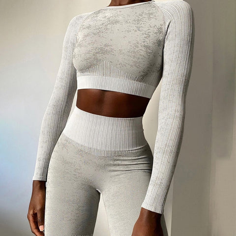 Trendy Seamless Yoga Long Sleeve Crop Top And Leggings Set - TrendsetterbyTracy Boutique