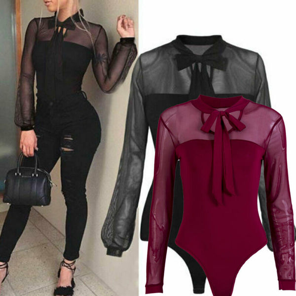 Trendy Bow Long Sleeve Sheer Bodysuits - TrendsetterbyTracy Boutique