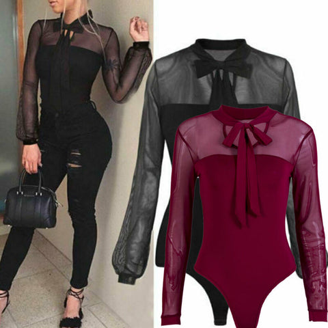 Trendy Bow Long Sleeve Sheer Bodysuits - TrendsetterbyTracy Boutique
