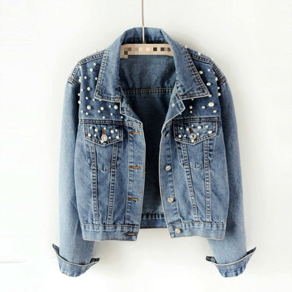 Trendy Denim Loose Pearls Fashion Jacket - TrendsetterbyTracy Boutique